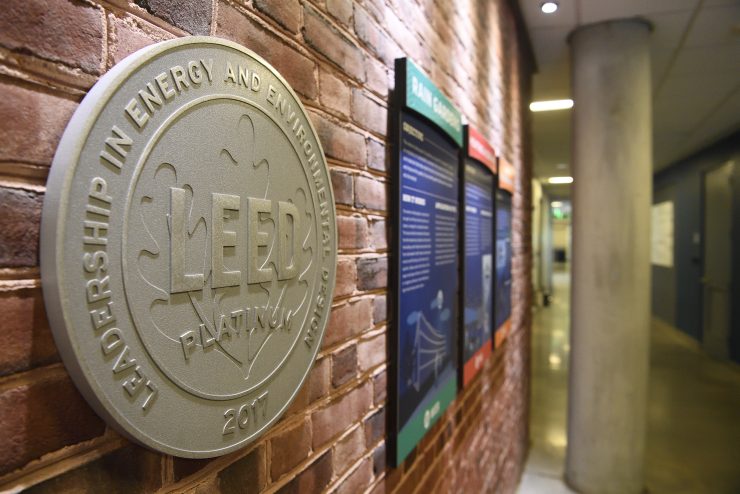 A LEED platinum award on the wall in JHU's Undergraduate Teaching Laboratory.