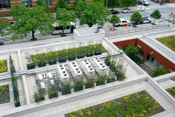 Aerial photo of green roof on JHH MRI Building.