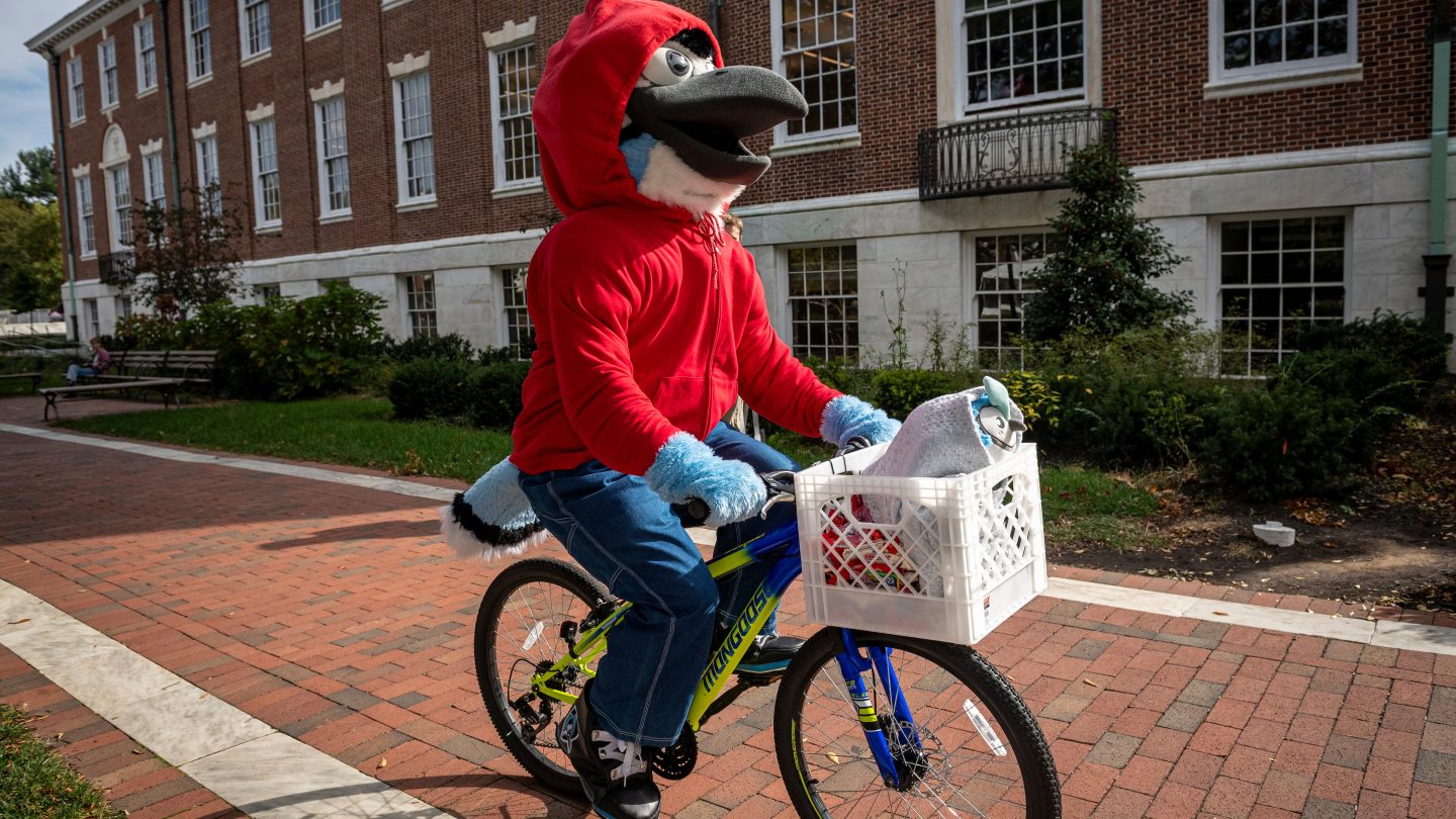 Dressed as Elliott from "E.T.: The Extra-Terrestrial," Johns Hopkins mascot Jay the Blue Jay rides their bike across campus.
