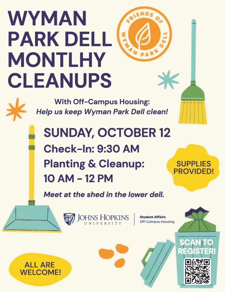 Flyer for Wyman Park Dell Monthly Clean-Up.