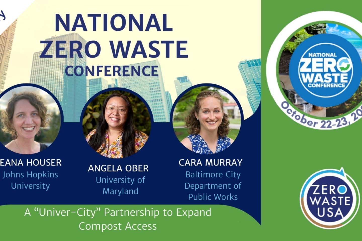 Flyer for National Zero Waste Conference plenary session titled: A "Univer-City" Partnership to Expand Compost Access, featuring speakers Leana Houser, Angela Ober, and Cara Murray.