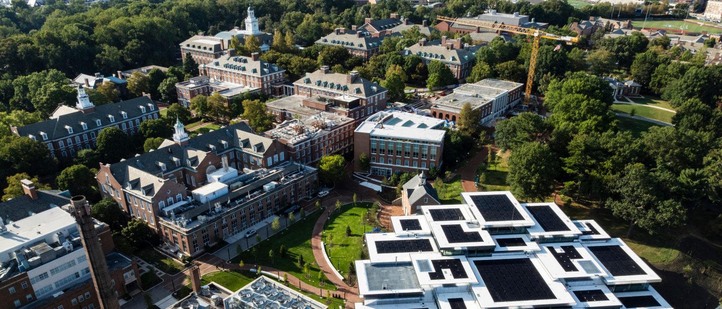 Aerial photo of Johns Hopkins University, with the Bloomberg Student Center in the foreground.