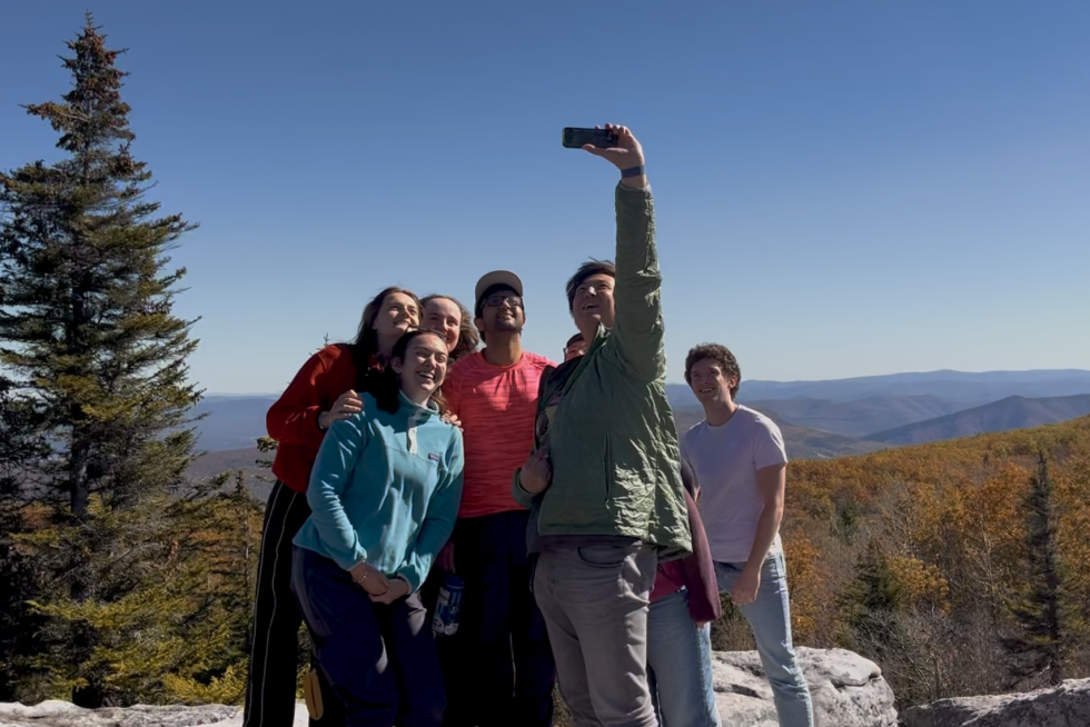 Group of JHU students posing for a selfie at Dolly Sods Wilderness in West Virginia.